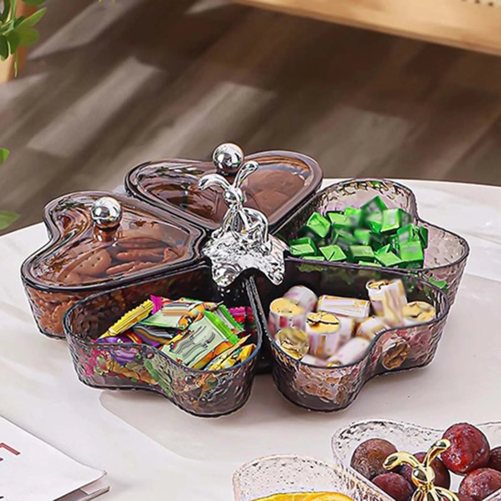 Divided Serving Tray Fruit Plate Organizer Nut Candy Veggie Tray Rotating Snack Platter for Candy Nuts Sweets Fruit Tea Party