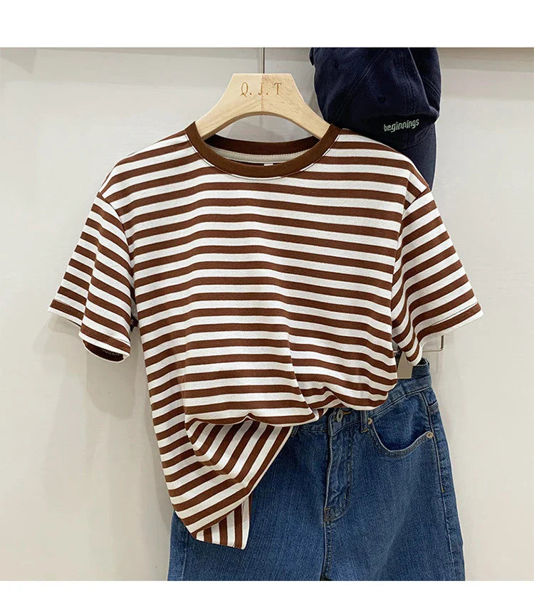 Summer Short Sleeve Striped T-Shirts Versatile Women Knitted Basic Casual Tops Female Cozy Loose Cotton Tees