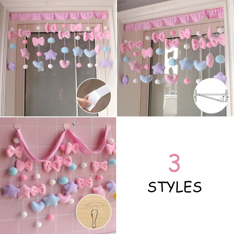 Pink Bow Heart Shaped Curtain  Decor Tassel Curtain Divider String Girl Room Living Partiton Sweet Beaded Window Valance