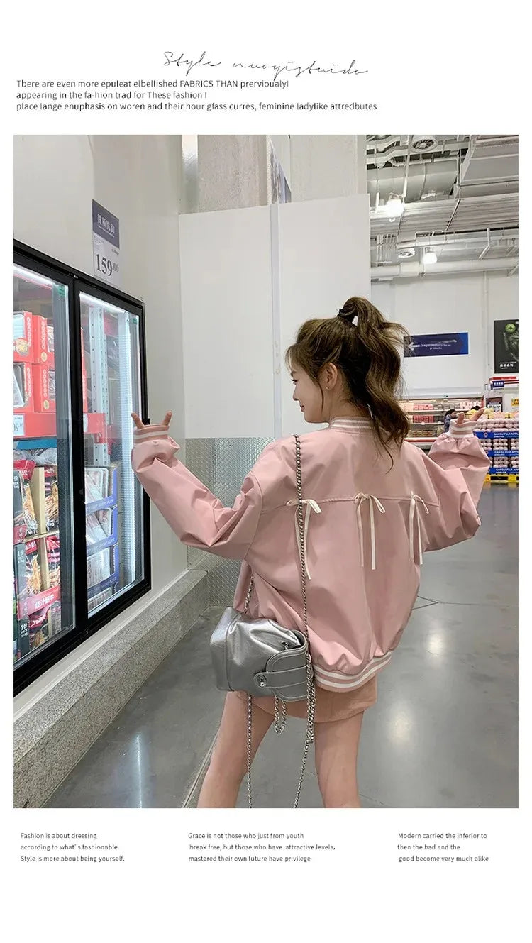 Sweet Butterfly Knot Pink Baseball Jacket Women's Spring Autumn Casual Loose Fit round Neck Full Sleeve Fashionable Coat