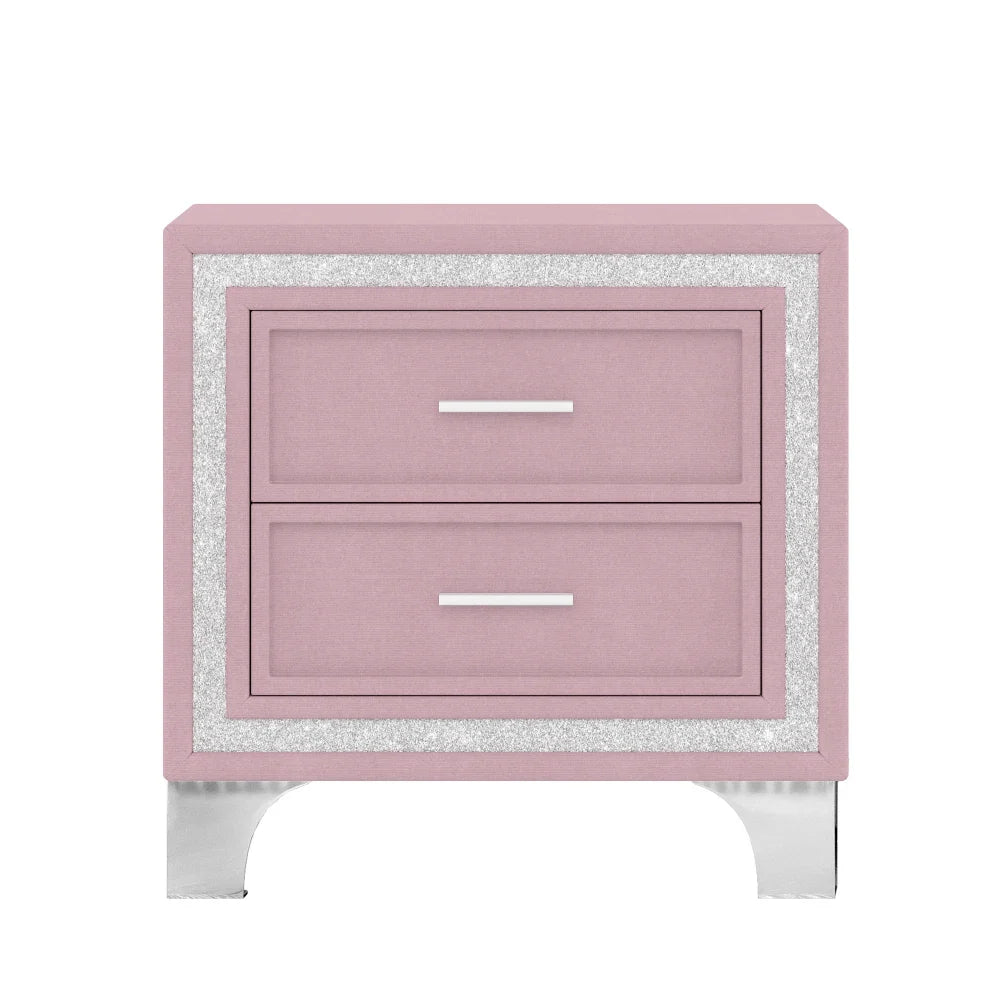 Three -Piece Upholstered Platform Bed Set with LED Lights and Nightstands Pink Velvet Foam-Filled Elegance & Ambiance Easy