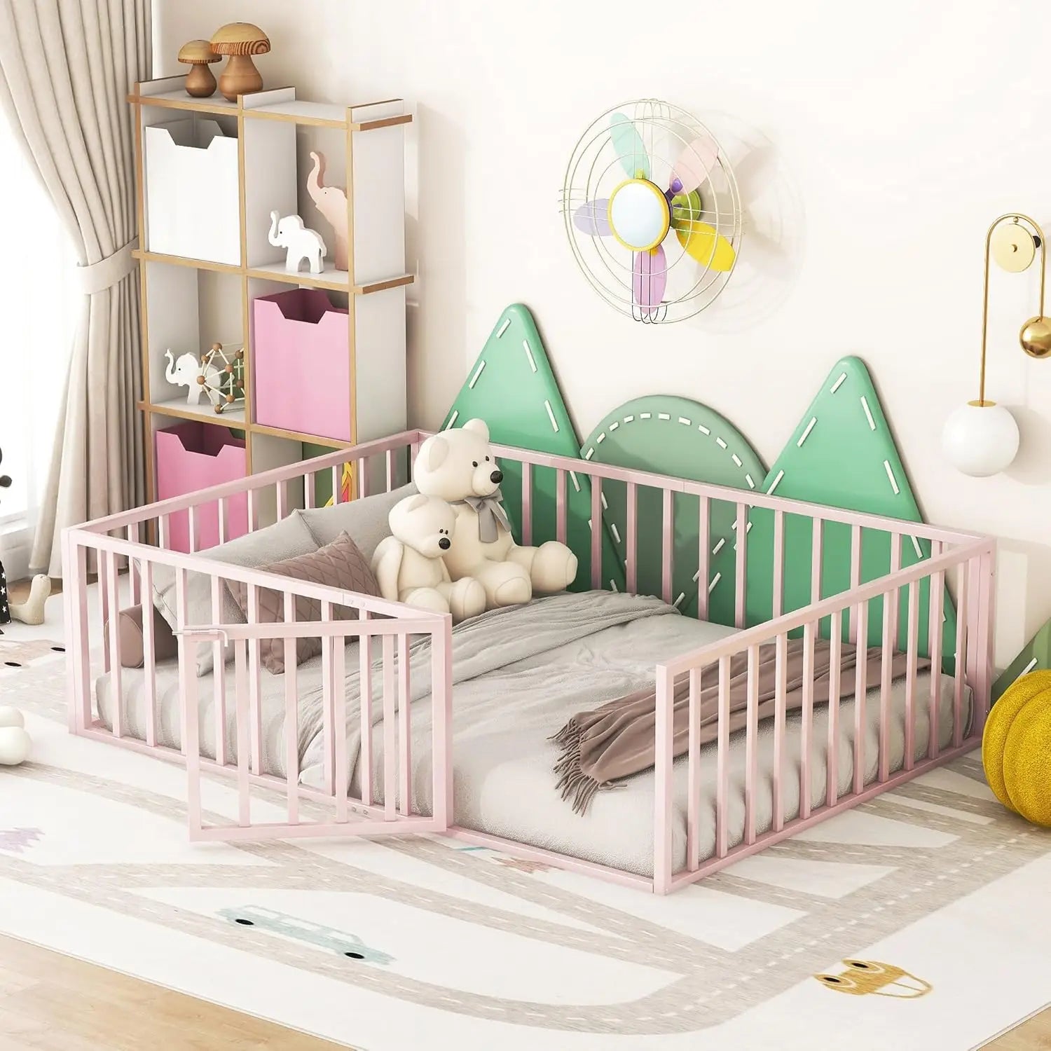 Full Size Metal Floor Bed Frame With Rails, Full Montessori Floor Bed With Fence And Door, For Kids Girls Boys (Full, Pink)