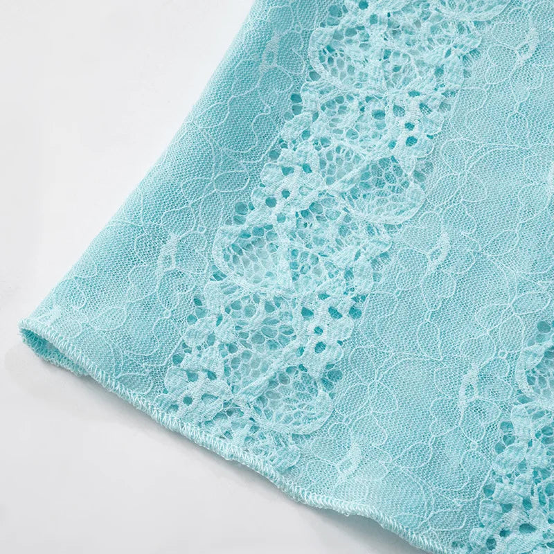 Woman Clothes Lace Tank Tops Sexy Deep V-neck See-through Sleeveless Blue T Shirt Female Corset Crop Top Party Clubwear