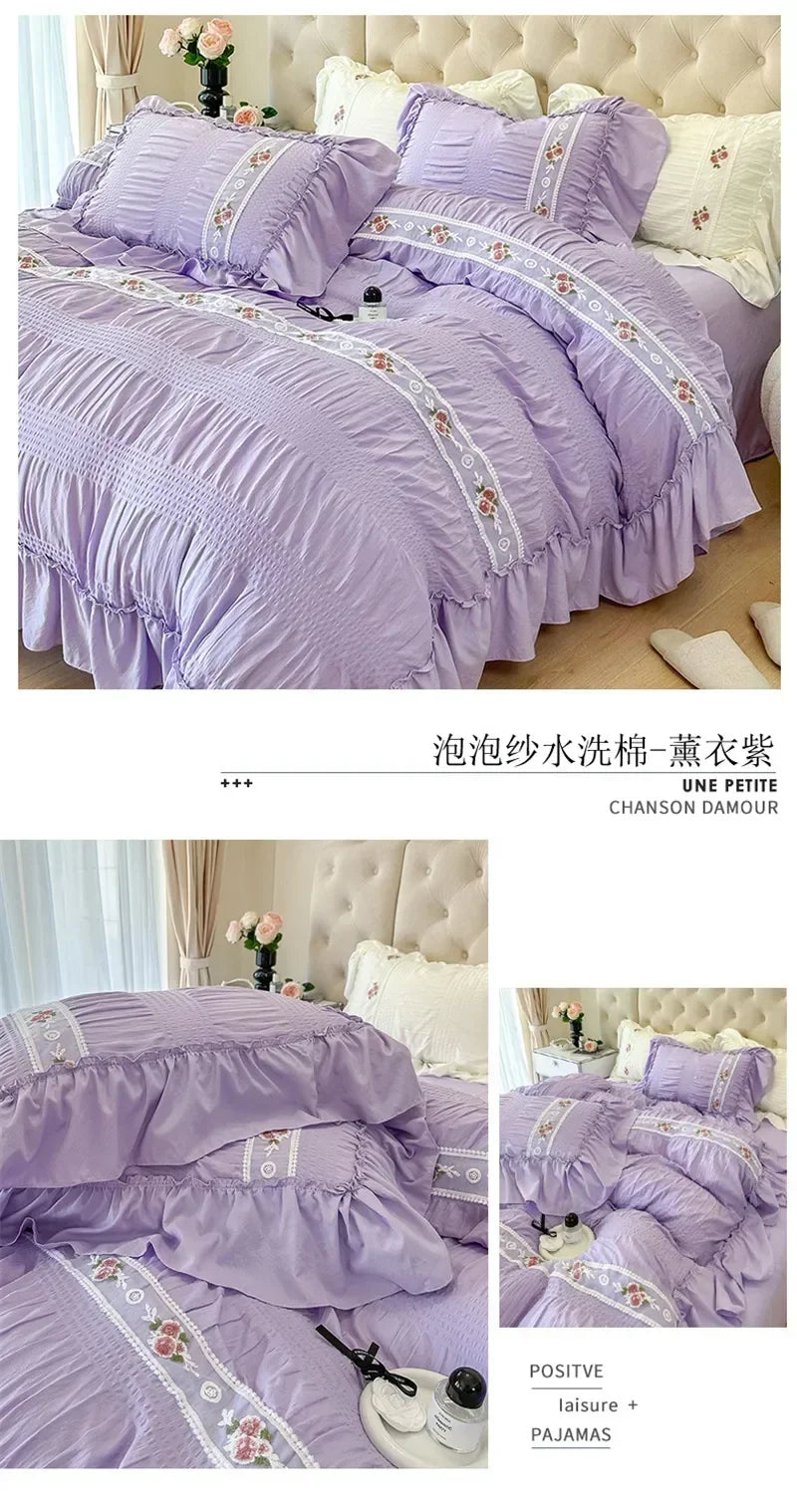 French Embroidered Lace Bubble Gauze Bedding Set Elegant Princess Style Duvet Cover Set Ruffled Comforter Cover Sets