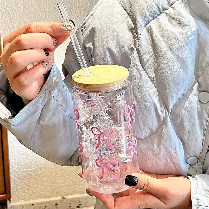 Cute Bow Glass Cup Tumbler Mason Jar Shaped With Lids & Straw