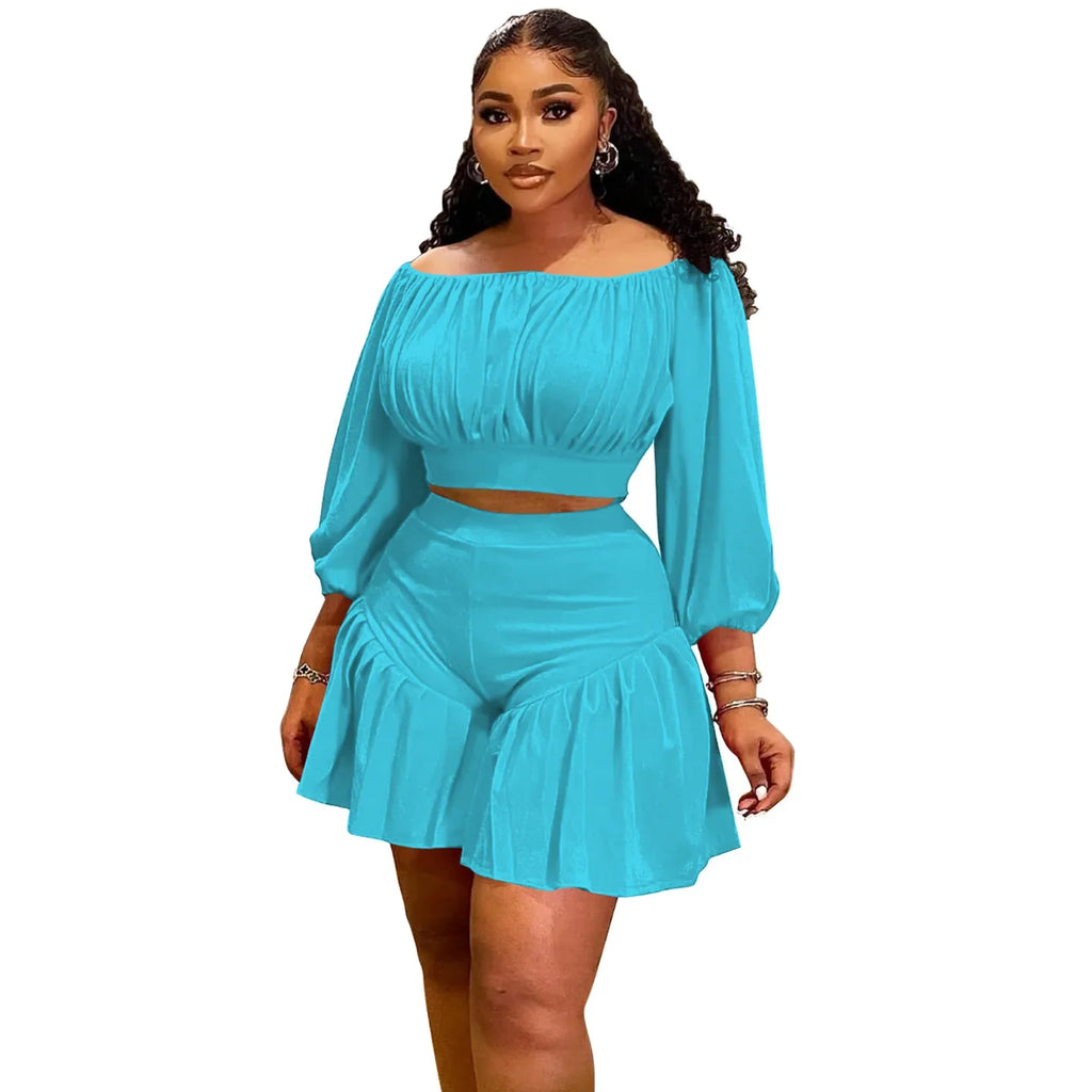 Plus Size Women's Set Long Sleeve Slash Neck T-Shirt and Shorts Summer Ruched Two 2 Piece Set Outfits Tracksuit