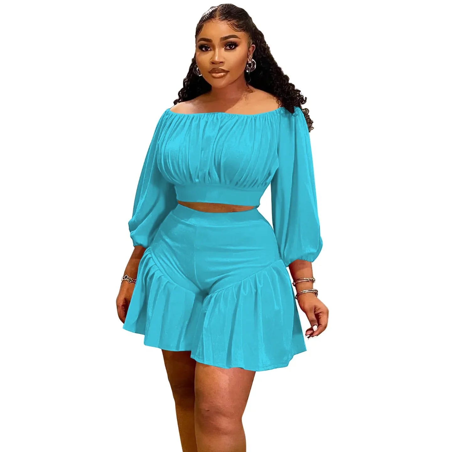Plus Size Women's Set Long Sleeve Slash Neck T-Shirt and Shorts Summer Ruched Two 2 Piece Set Outfits Tracksuit