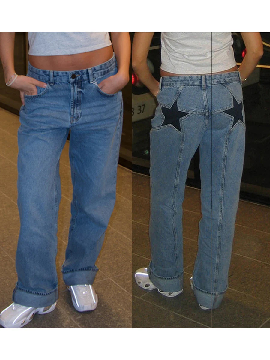 Women's Y2K Vintage Jeans Aesthetic Star Pattern Print Loose Straight Leg Denim Long Pants Casual Low Waist Trousers