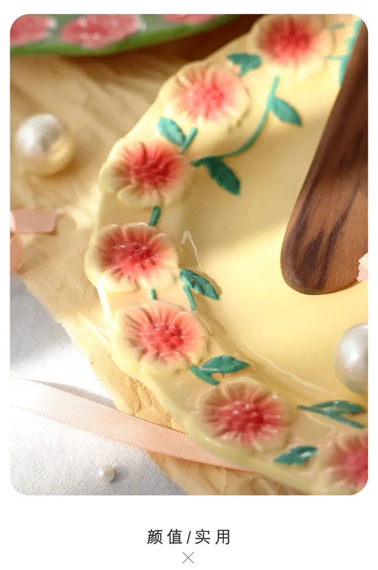 Flower Plate Embossed Small Flower Dessert Plate Ceramic Plate Under Glaze Colored Hand-painted Tableware