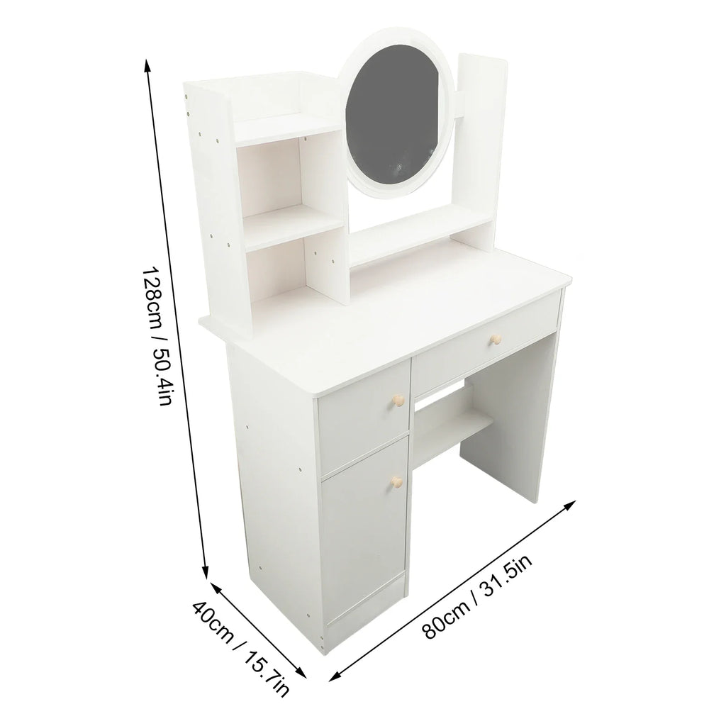 Makeup Vanity Desk Multiple Shelves Multifunction Space Saving Stylish Dressing Table Strong White with Lighted Mirror for Home