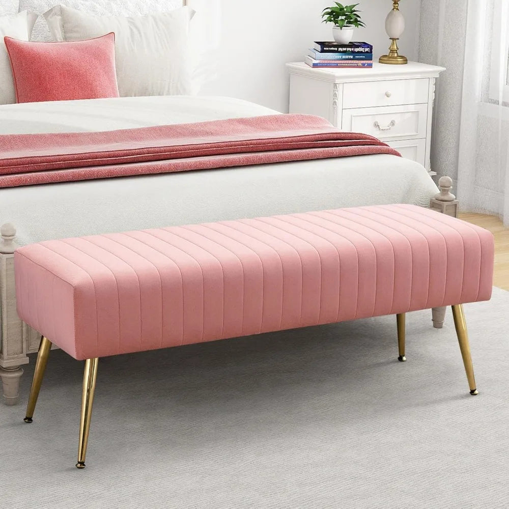 Pink Velvet Ottoman Bench, Modern Upholstered Bedroom Benches Footrest Stool Indoor Bench for Entryway Living Room Bedroom 44 Inch