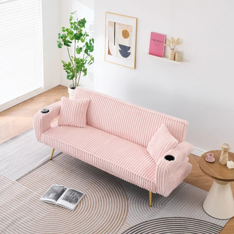 Dreamy Adjustable Pink Sofa Bed with Cup Holders Modern Comfort Corduroy Lounge Couch for Living Room Home Minimalist Loveseat