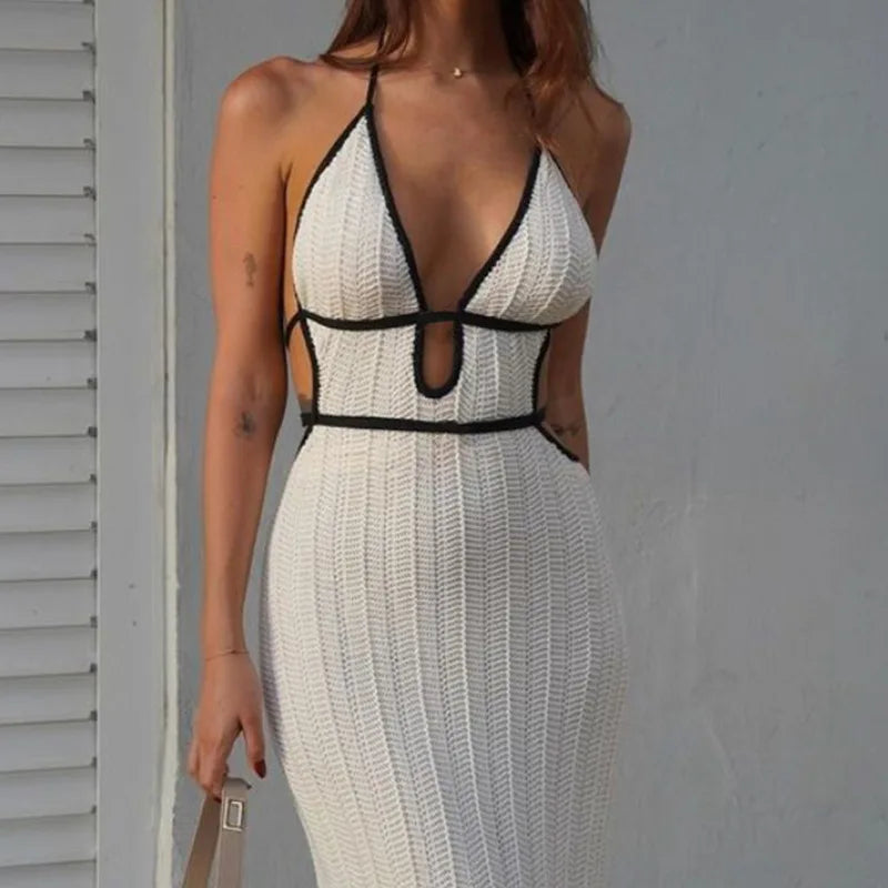 Sexy Elegant Halter Dress Women Summer Backless Lace-Up Color-Block Sleeveless
