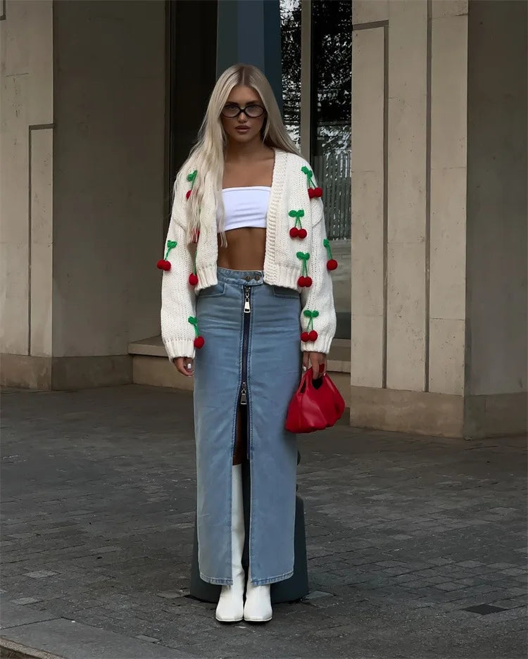 Knitted Cherry Sweaters Cardigan Long Sleeve Top Christmas Sweet Fairy Grunge Sweater Streetwear