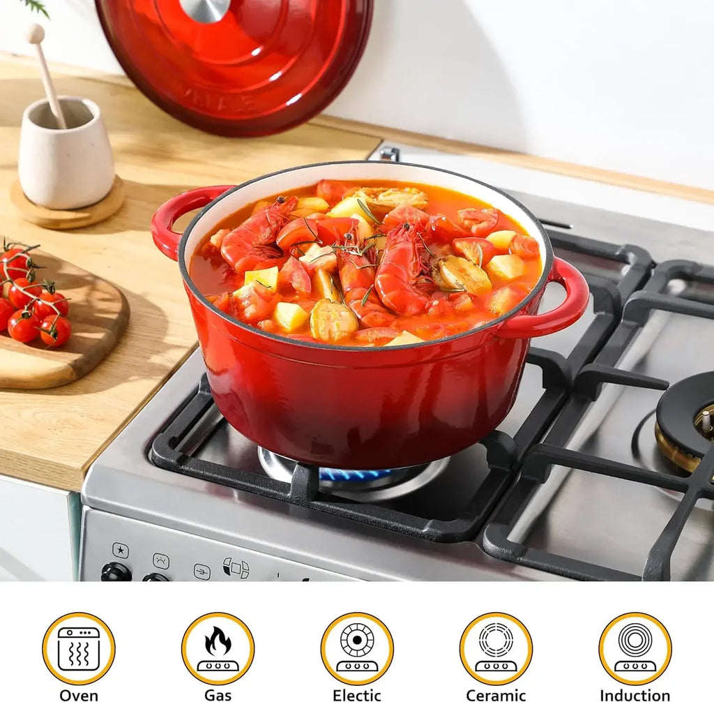 Red Enameled Dutch Oven Cast Iron Cookware Casserole Cooking Soup & Stock Pots And Pans Set