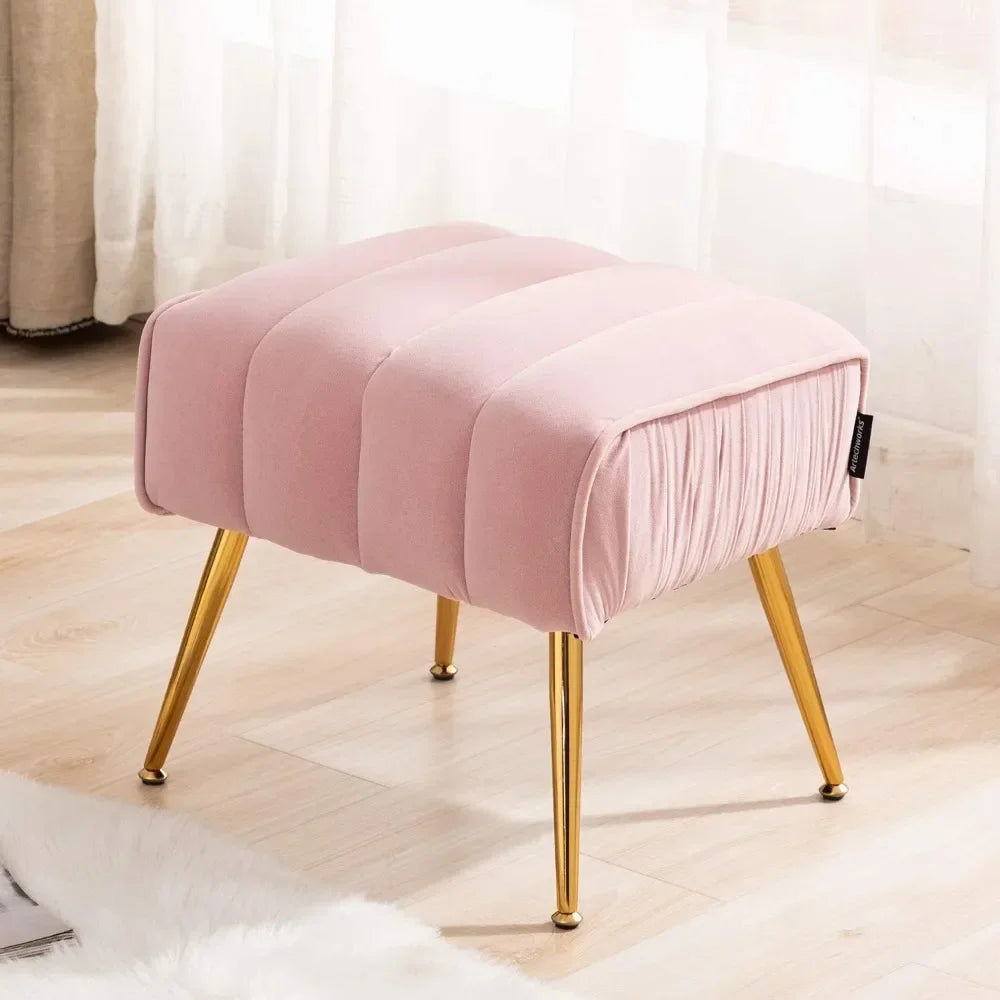 Pink Upholstered Velvet Ottoman with Gold Legs Metal Base for Foot Rest Stool Seat in Living Room Bedroom Hallway Entryway