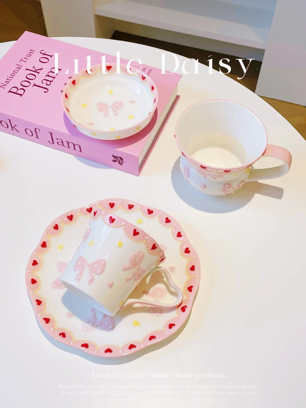 Pink Bow Ceramic Cup Saucer Set Handmade High Quality Cute Bow Breakfast Cups