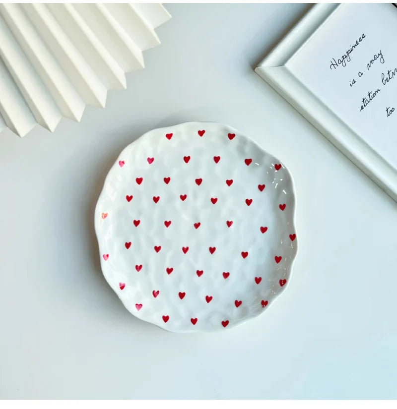Red Hearts Ceramic Hand-Made Irregular Shaped Porcelain Plates