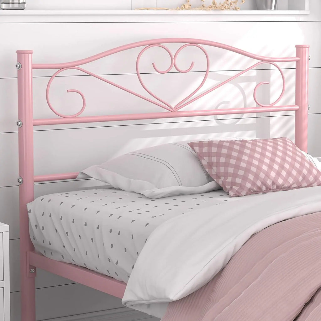 Pink Twin Size Metal Platform Bed Frame with Headboard and Footboard, Heavy Duty Mattress Foundation with Steel Slats Support 14 Inch