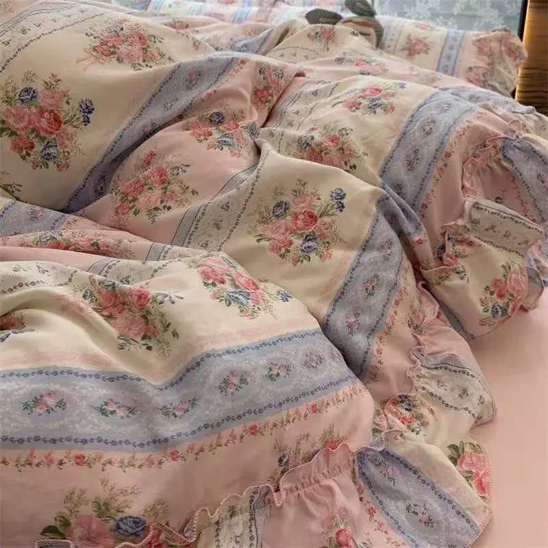 Princess Floral Bedding Set Washed Cotton Vintage French Flowers Lace ruffles Duvet Cover Set Pillowcase