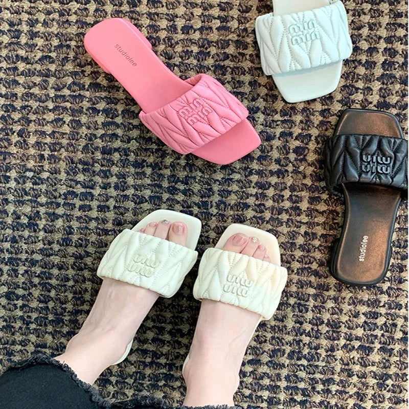 Summer Open Toe Fashion Solid Color Square Toe Lightweight New Slippers Square Heel Casual Comfortable Elegant Women's Shoes