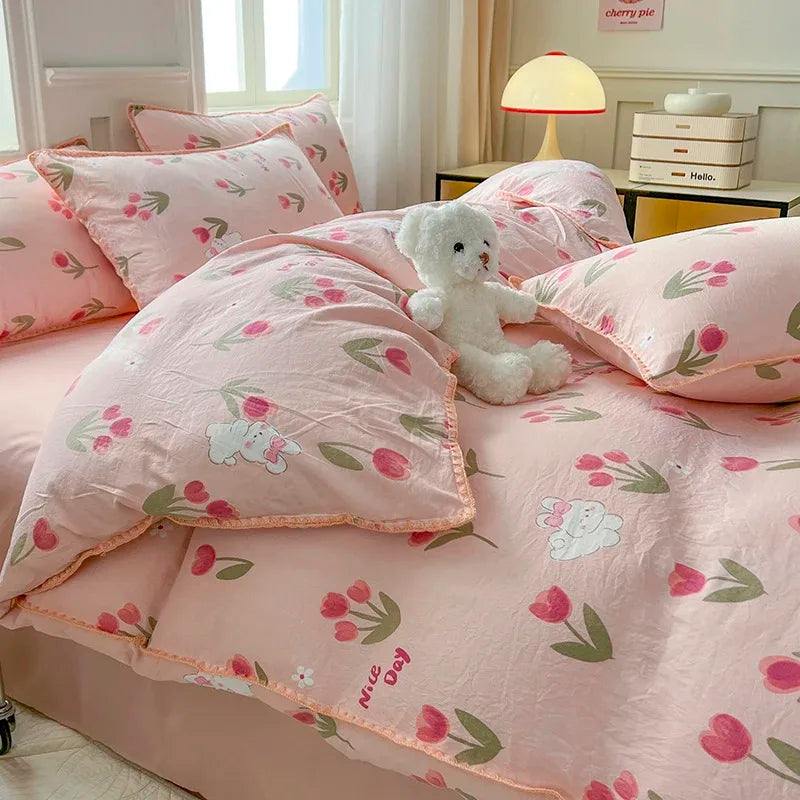 Tulip Double Layer Yarn Quilt Cover Bed Sheet Pillowcase Bedding Set Girls Duvet Cover Set No Filler