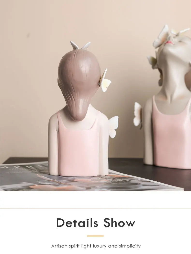 Pink Girl Butterfly Fairy Figurines, Resin Tabletop Statues, Creative Girl Bust With Butterflies, Home Decor Craft