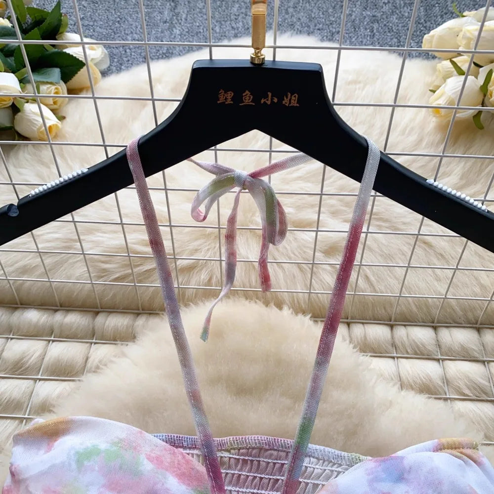 Flower Strapless Halter Tank Top and Split Ribbon Skirt Two Piece Set