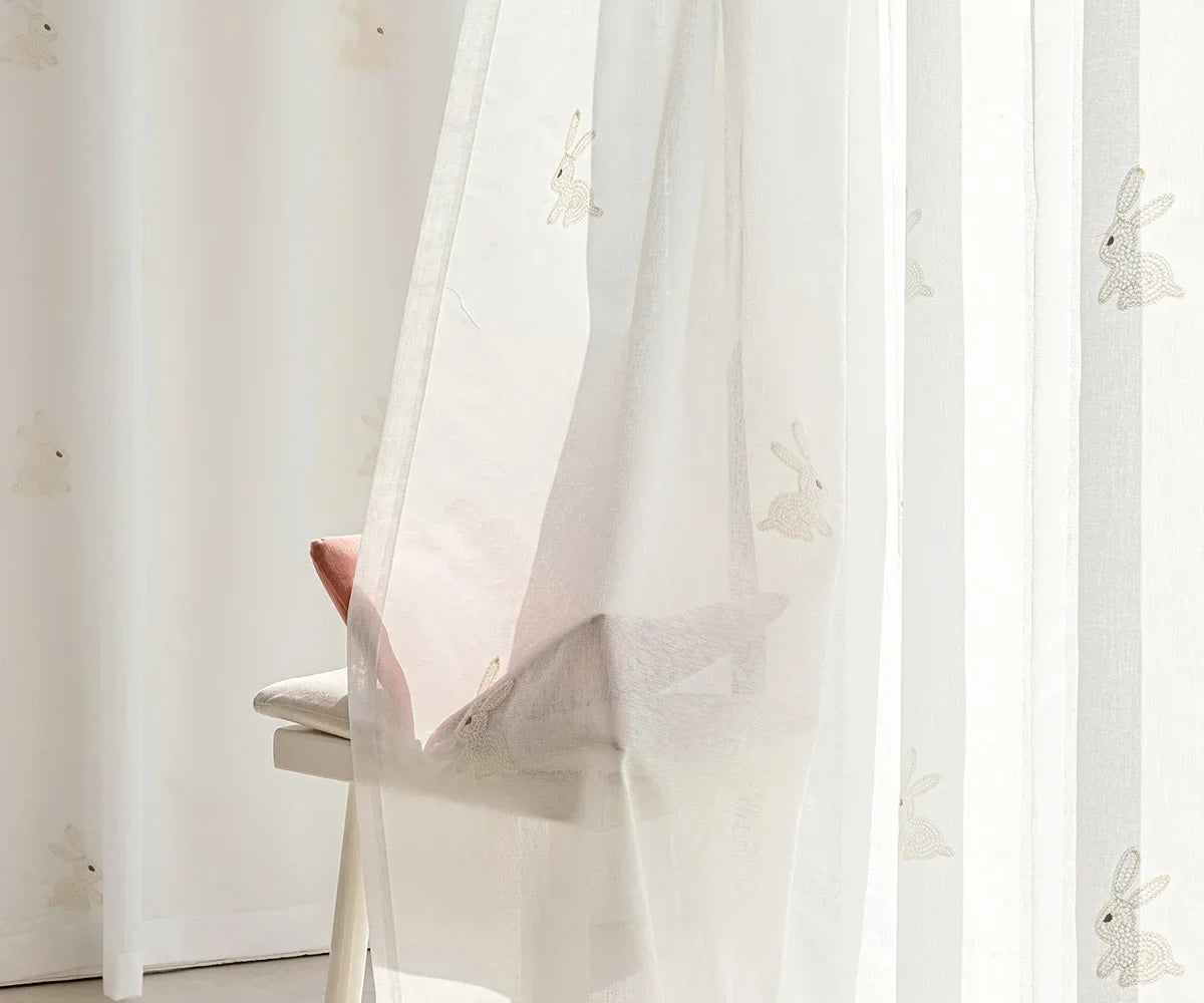 Pink Cartoon 3D Embroidered Rabbit Blackout Curtains for Living Room Bedroom Girls Room Sticky Chenille Drapes Home Decor