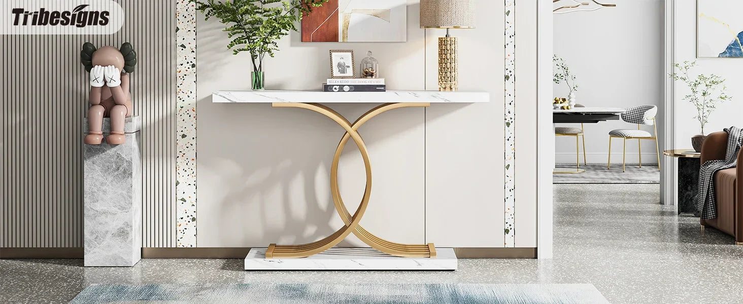 Tribesigns Gold Entryway Table, Modern 39-Inch Console Faux Marble Narrow Wood Sofa with Geometric Metal Legs