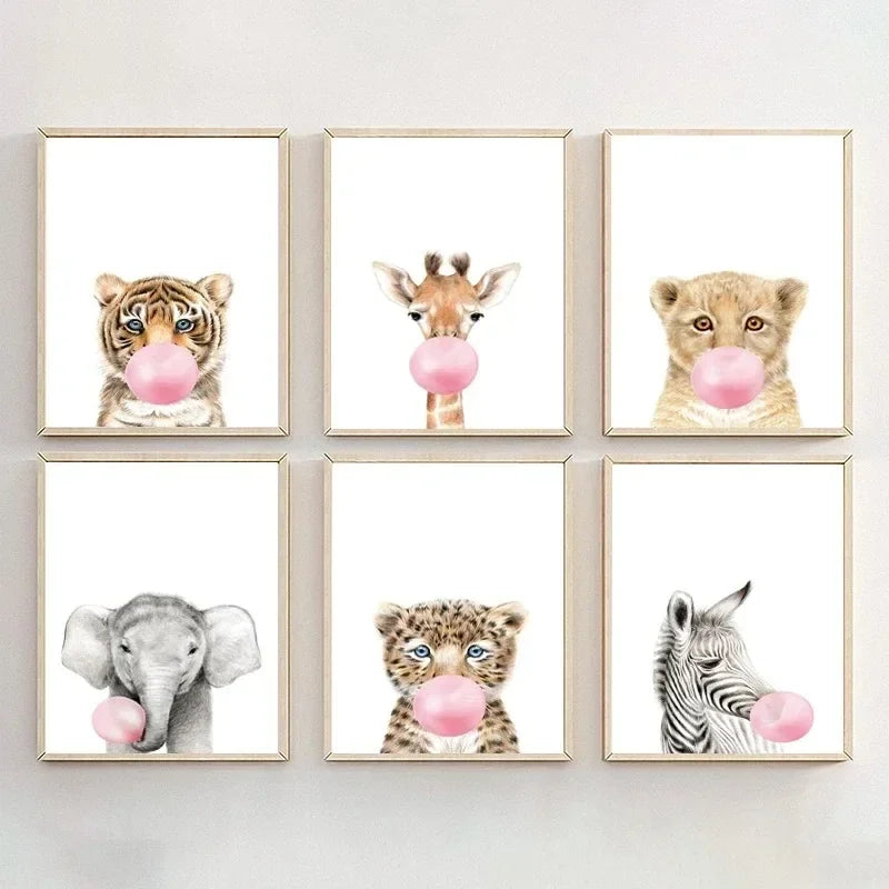 Kawaii Pink Bubble Gum Wall Art Canvas Painting Giraffe Poster Nursery Print Nordic  Animal Kids Pictures Baby Room Decor Tiger