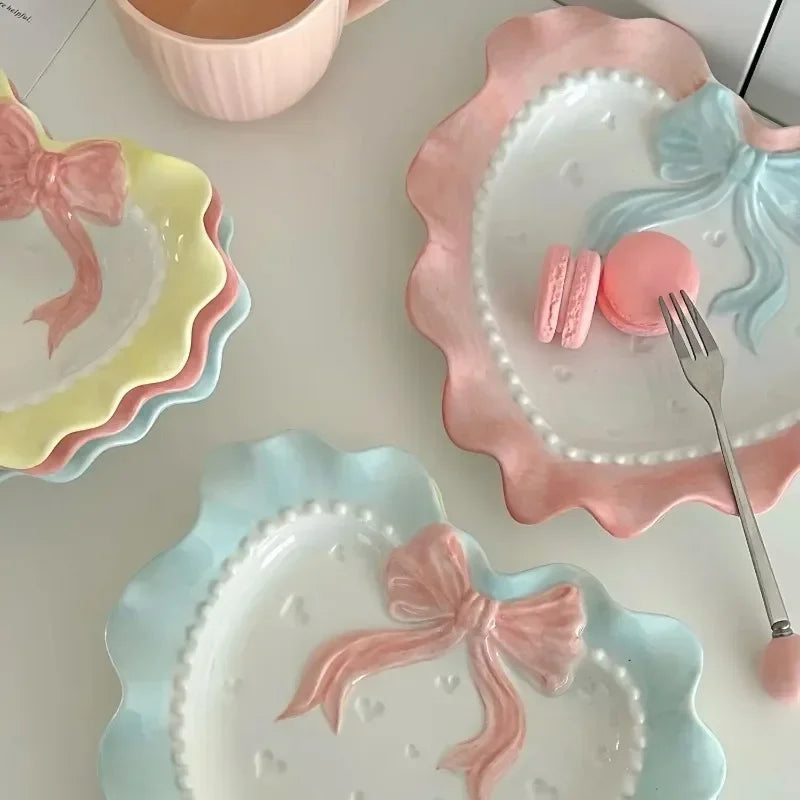 Heart-shaped Bow Wavy Edge Ceramic Dinnerware Set Ideal Cake Presentation,  Princess Pastry Platter, Lace-edged Rice Bowls