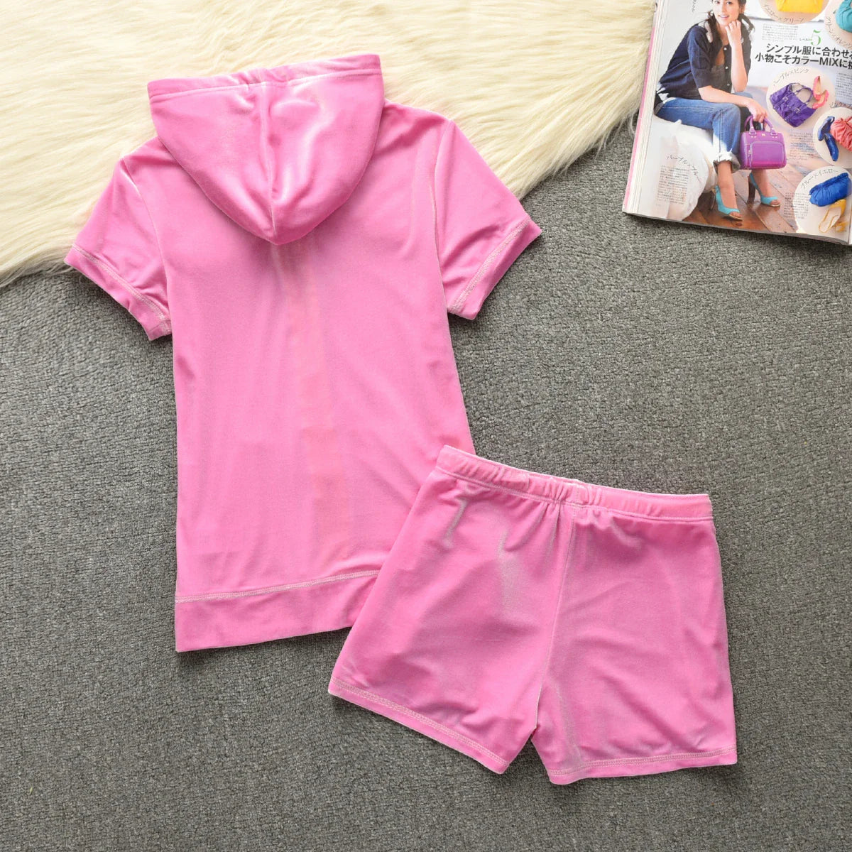Velvet Velour Shorts Tracksuit Two Piece Sets Women Outfit Short Sleeve Top and Short Sets