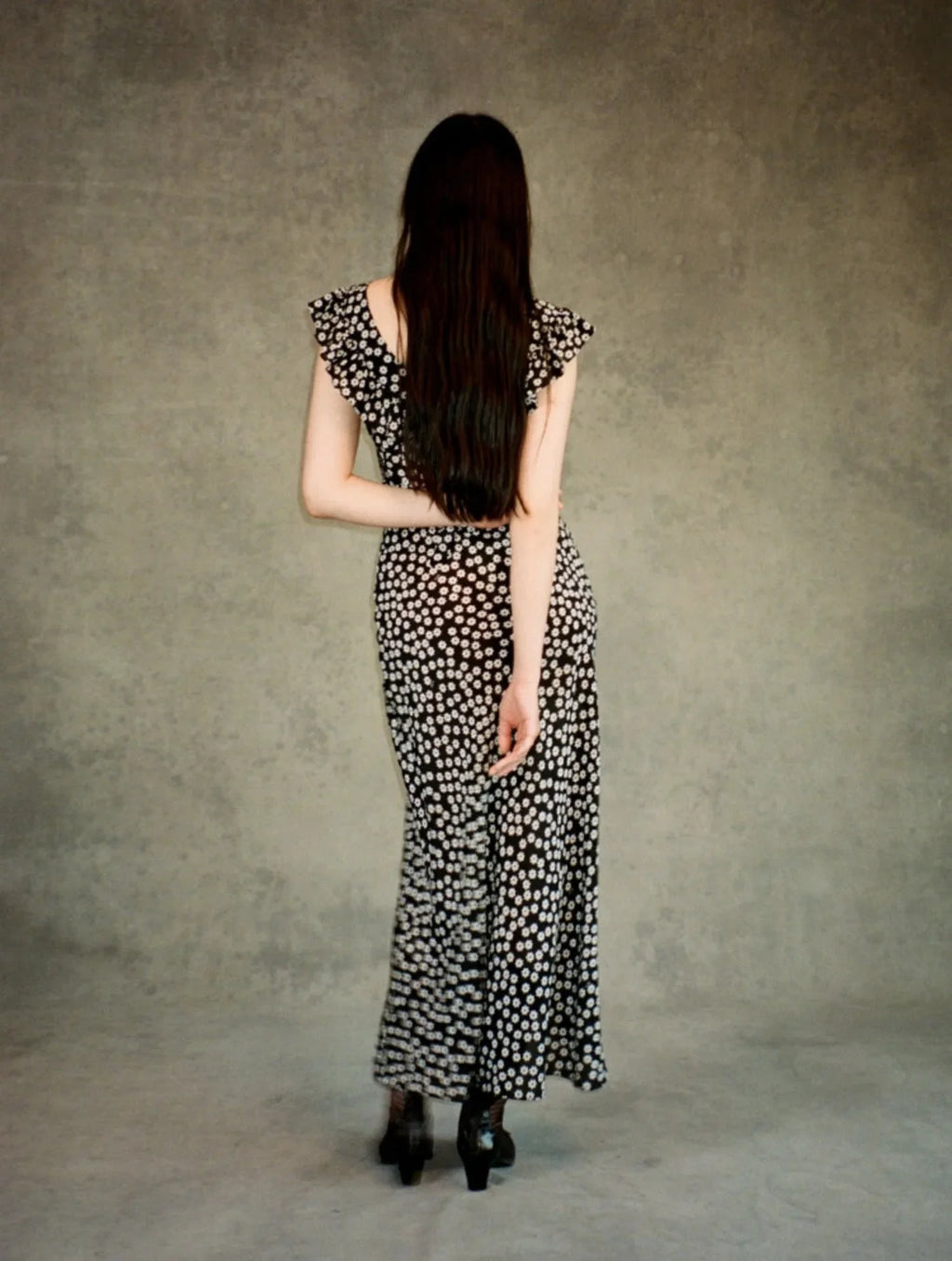 French Daisy Vintage Girl Silk Polka Dots U Neck V Back Sexy Summer Women Long Dress