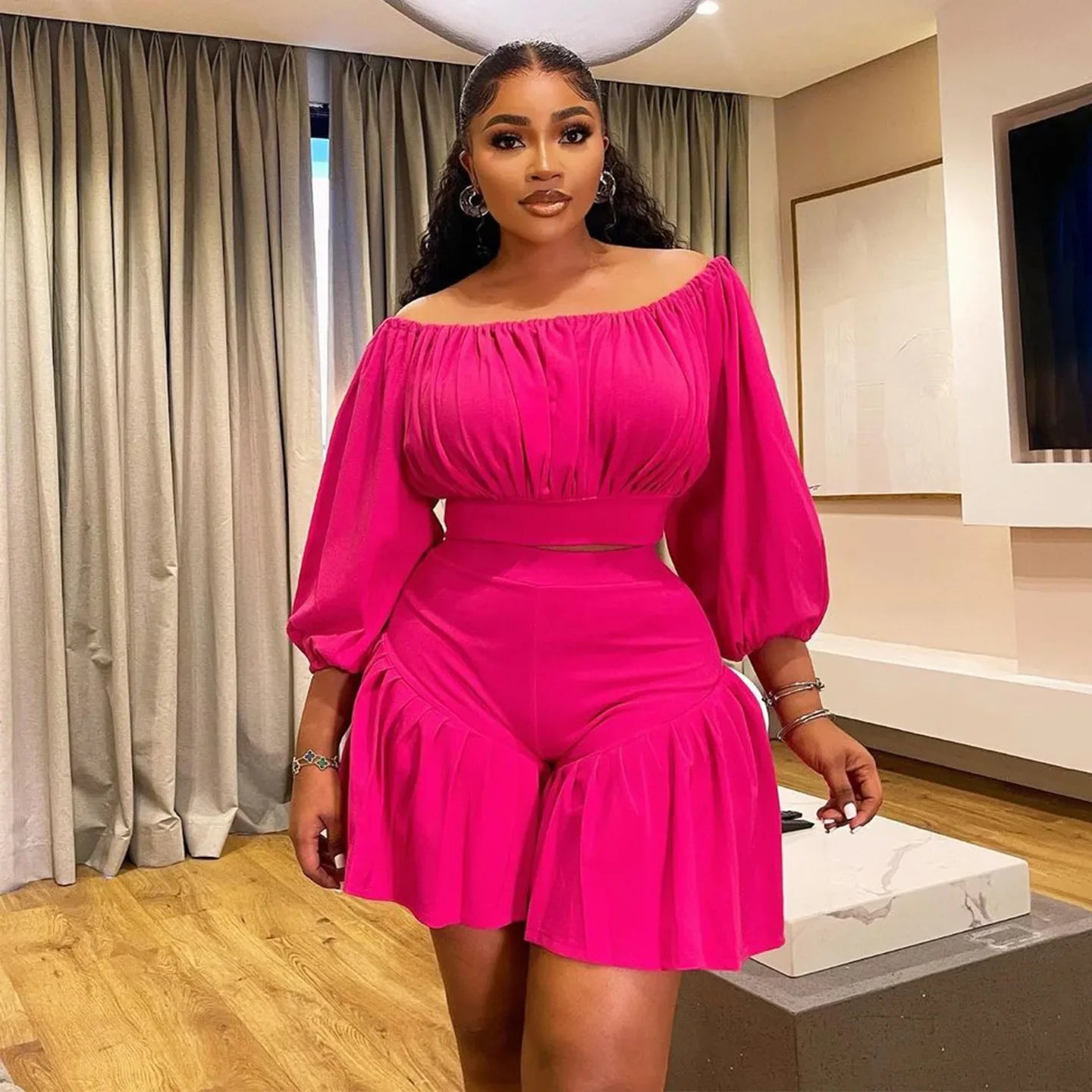 Plus Size Women's Set Long Sleeve Slash Neck T-Shirt and Shorts Summer Ruched Two 2 Piece Set Outfits Tracksuit