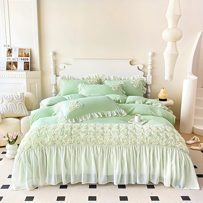 Soft Three-dimensional Flowers Embroidery Lace Ruffles Princess Bedding Set Duvet Cover With Pillowcases