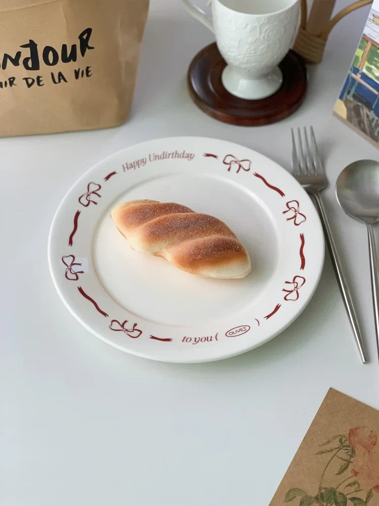 Pink Bow Ceramic Dessert Plate French Vintage Hand-painted Dish