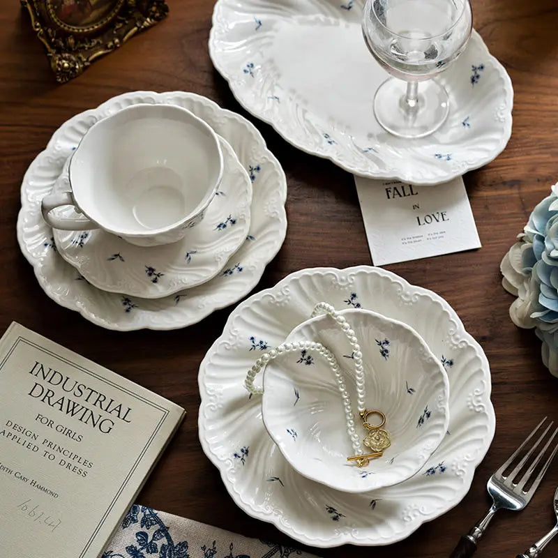 Ceramic Floral Bowl Dish Set Oval Plate New French Medieval High-end Cup Dish Set