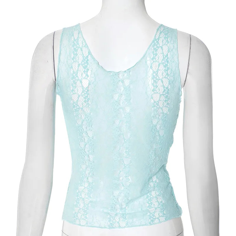 Woman Clothes Lace Tank Tops Sexy Deep V-neck See-through Sleeveless Blue T Shirt Female Corset Crop Top Party Clubwear