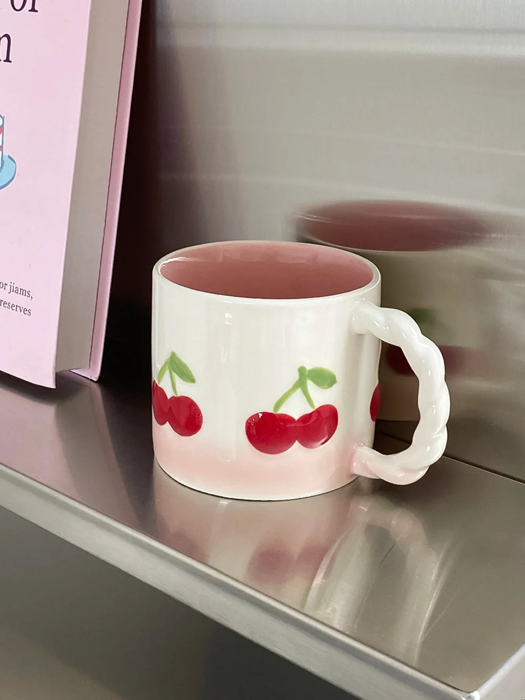 Pink Cherry Ceramic Mug, Twist Handle Ceramic Exquisite Pink Gradient Cup