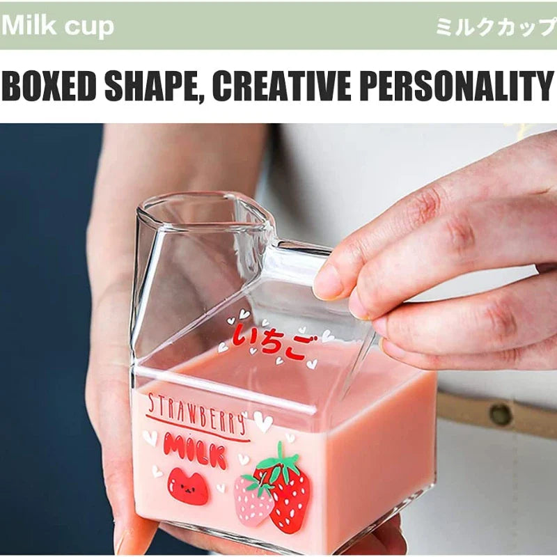 Kawaii Square Milk Carton Glass Cup Heat Resistant Cute Strawberry Peach Breakfast Cup Pudding Cup 380ml