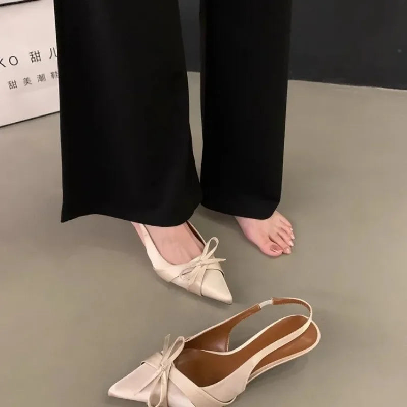 Female Shoes Slingbacks Women's High Heels Slip on Dress Pumps Women Pointed Toe Bow Tie Low Thin Heel Sandals