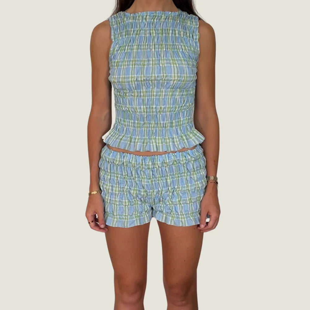 Women Vintage Two Piece Outfits Shorts Sets Ruffles Ruched Sleeveless Crop Tank Tops Low Waist Bloomer Shorts Loungwear