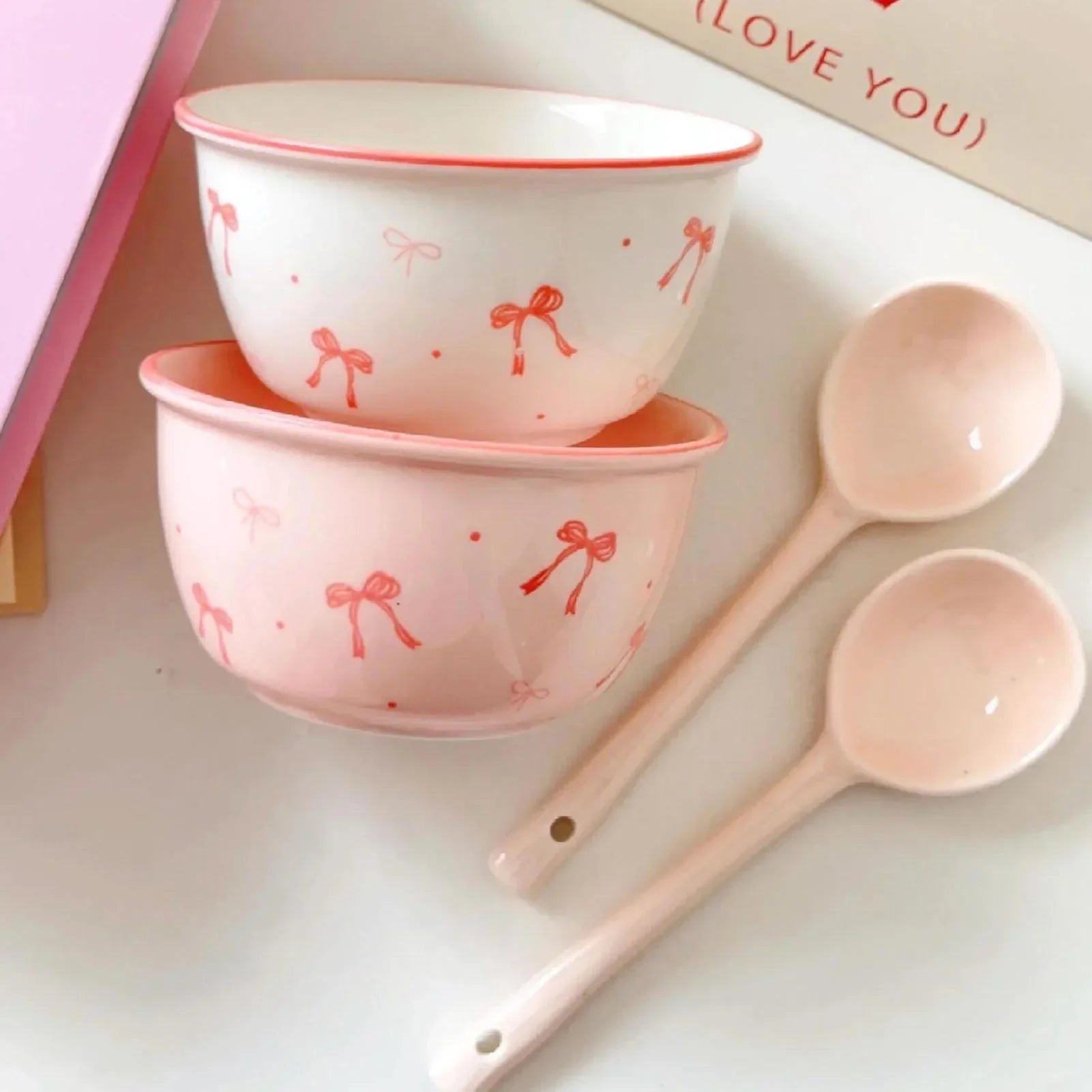 Pink Bow Bowls Cute Underglaze Colored Bowknot Ceramic Rice Bowl With Spoons