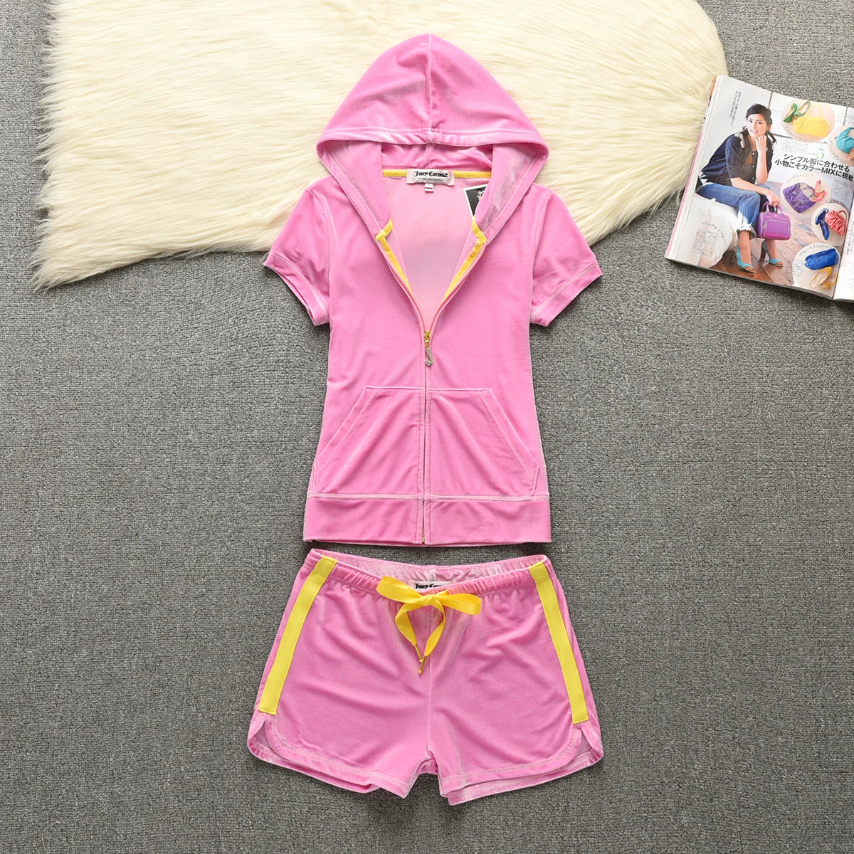 Velvet Velour Shorts Tracksuit Two Piece Sets Women Outfit Short Sleeve Top and Short Sets