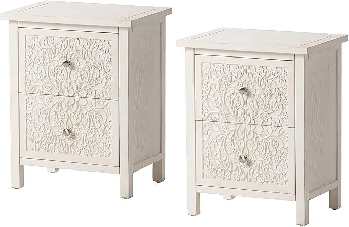 French Country Modern Set of 2 Farmhouse Style Fully-Assembled Nightstand with 2-Drawer, Flower Motif End Table for Small Spaces