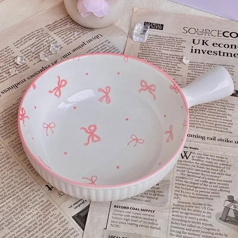 Pink Bow Ceramic Cutlery Set, Home Tableware Ceramic Handle Bowl Yogurt Cup High Value Breakfast Plate Drinkware