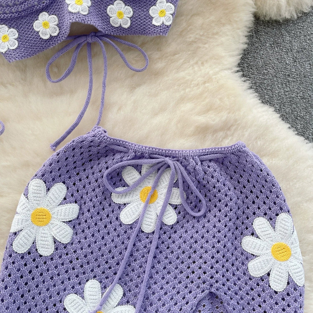 Hollow Out Knitted Suits Women Halter Lace Up Bow Backless Tank Top+Drawstring Split Mini Skirt Two Pieces Sets