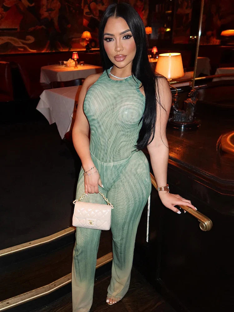 Geometric Print Patchwork 2 Piece Set Women o-Neck Skinny Bodysuit+Wide-leg Trousers Sexy Outfits