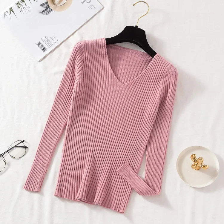 Women Sweaters Casual Long Sleeve Knitted V Neck Pullover Sweater Femme Basic Solid Jersey Tops Fashion Clothes